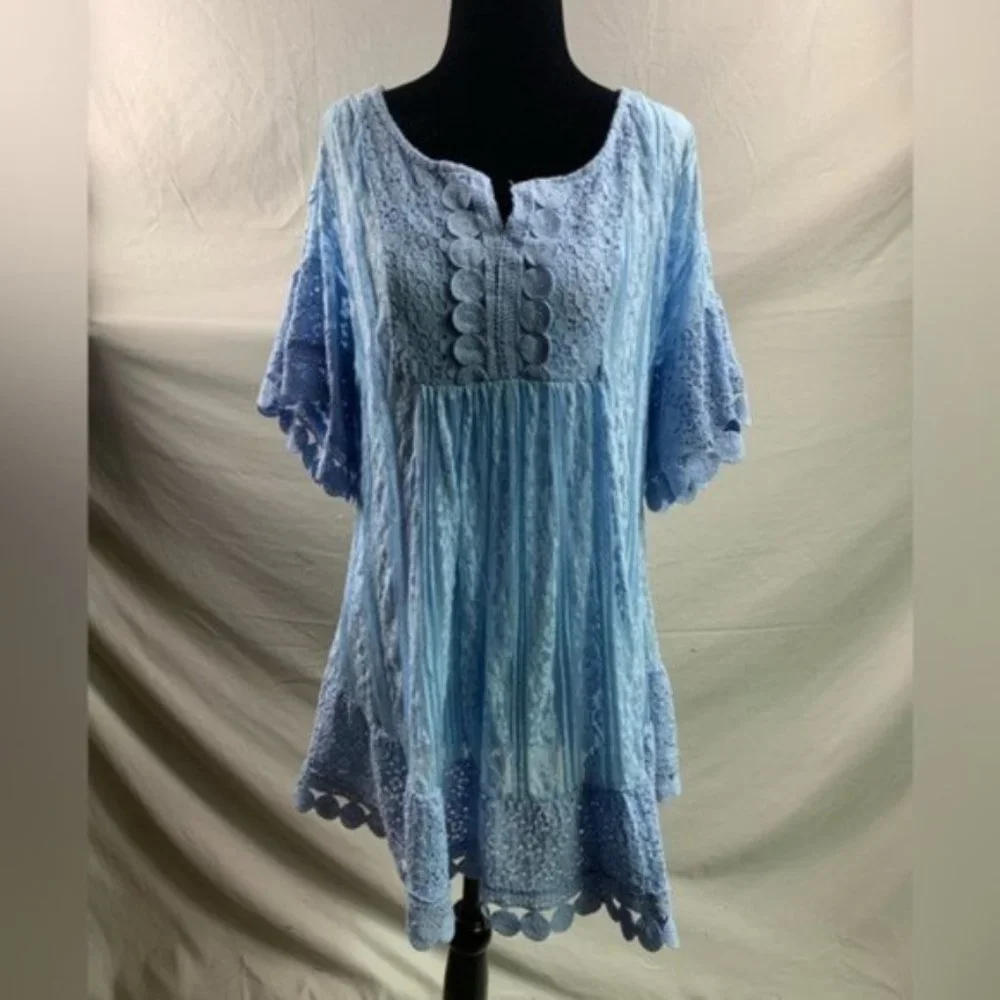 Romantic Lace Tunic Top Flutter Sleeve Ruffle Hem Boho Smock Baby Blue - Picture 5 of 8